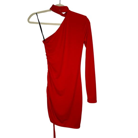 h:ours Morgan Red One Shoulder Long Sleeve Ruched Mini Dress | Size XXS - Picture 5 of 8